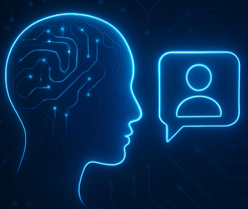 Neon illustration of a human head with a circuit brain facing a speech bubble icon with a user silhouette, symbolizing AI and human interaction.