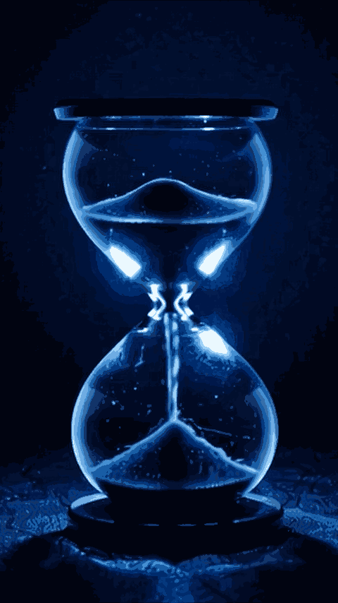 Animated glowing hourglass with falling sand, symbolizing time or urgency.